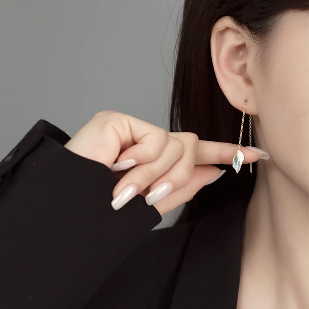 Solid 925 Sterling Silver Leaf Chain Dangle Earri… - image 2